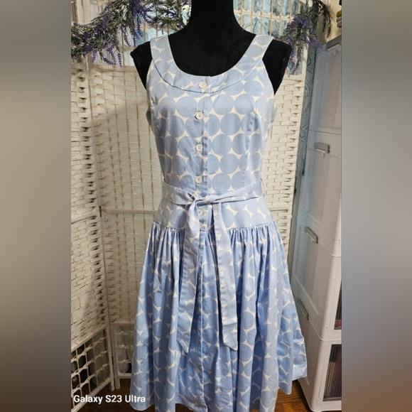 Vintage Y2K Calvin Klein Blue White Polka Dot Sleeveless Midi Dress Full Skirt - Picture 9 of 9